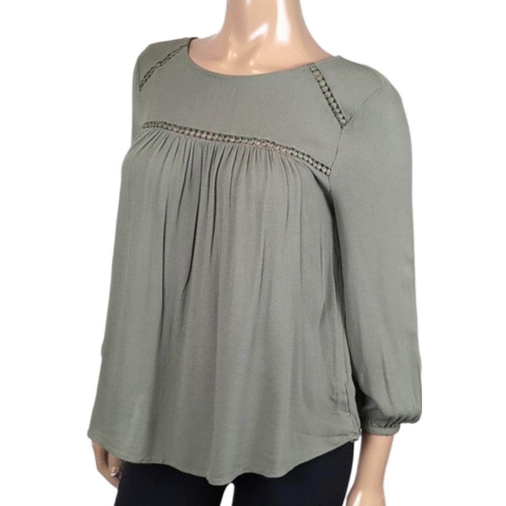 George Boho Peasant Top Sage Crochet Long Sleeve Bubble Cropped Keyhole Blouse